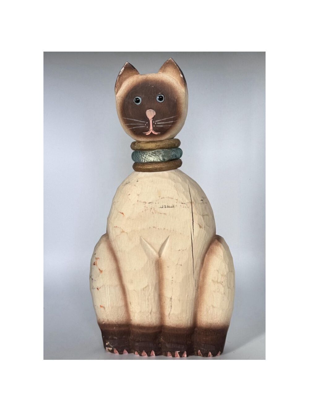 Vintage Handcarved Cat Statue w/ Glass Collar – James Haddon – 12” Tall